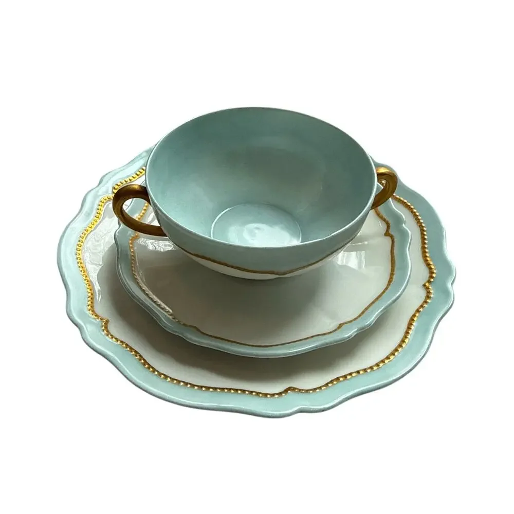 Antique O&EG Royal Austria 3 Pc Bouillon Cup Saucer Plate Blue Gold Gilt c1908